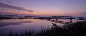 Preview wallpaper bridge, lake, dusk, landscape, purple