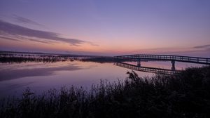 Preview wallpaper bridge, lake, dusk, landscape, purple