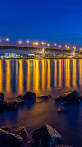 Preview wallpaper bridge, lake, lights, reflection, twilight