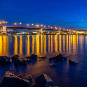 Preview wallpaper bridge, lake, lights, reflection, twilight