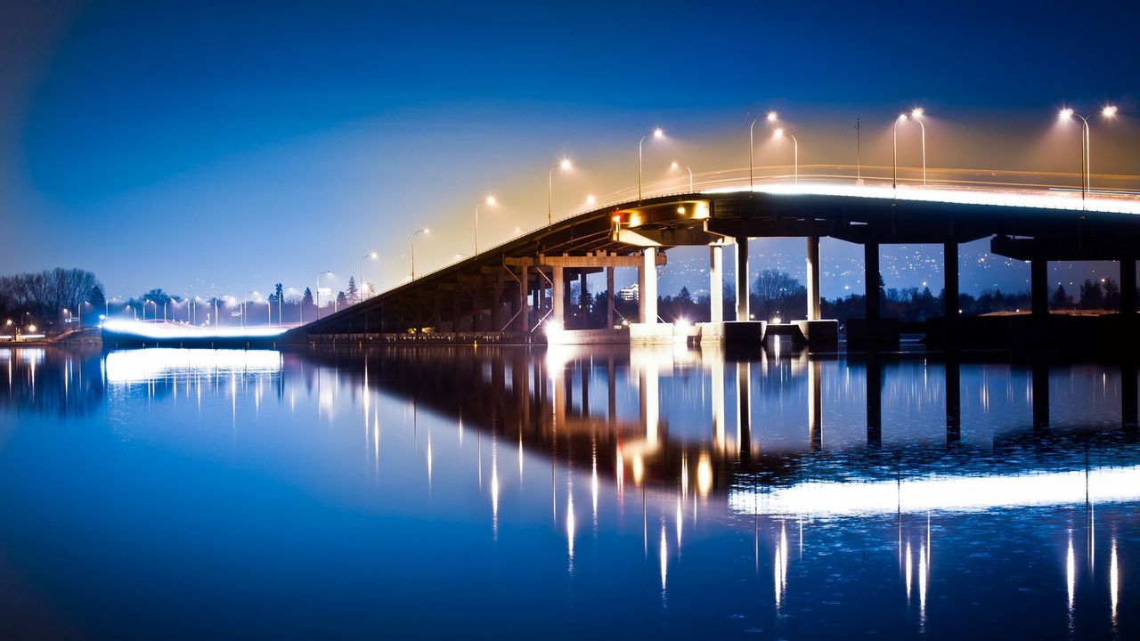 Wallpaper bridge, lake, lights, night, water