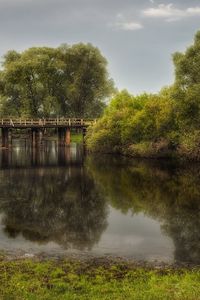 Preview wallpaper bridge, landscape, reservoir, trees, summer, park, green, gray