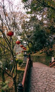 Preview wallpaper bridge, lanterns, china, trees, nature