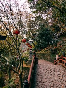 Preview wallpaper bridge, lanterns, china, trees, nature