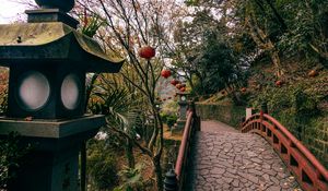 Preview wallpaper bridge, lanterns, china, trees, nature