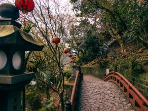 Preview wallpaper bridge, lanterns, china, trees, nature