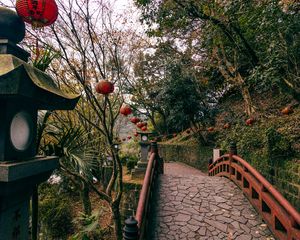Preview wallpaper bridge, lanterns, china, trees, nature