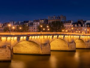 Preview wallpaper bridge, light, lanterns, houses, night, dark