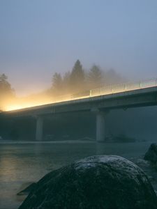 Preview wallpaper bridge, light, river, stone, evening