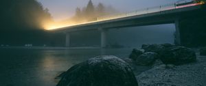 Preview wallpaper bridge, light, river, stone, evening