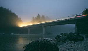 Preview wallpaper bridge, light, river, stone, evening