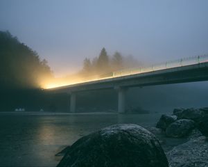 Preview wallpaper bridge, light, river, stone, evening