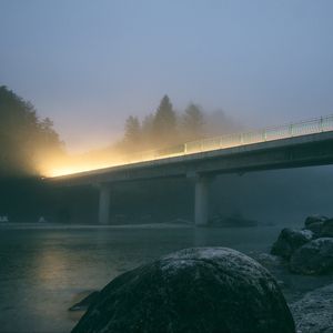Preview wallpaper bridge, light, river, stone, evening