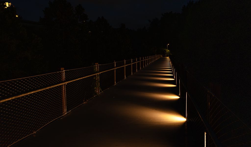 1024x600 Wallpaper bridge, light, trees, dark, night