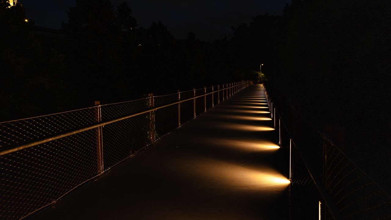 Wallpaper bridge, light, trees, dark, night
