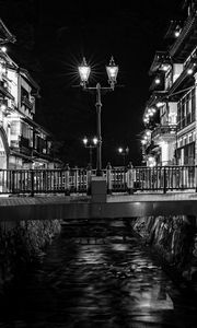 Preview wallpaper bridge, lights, buildings, black and white, night