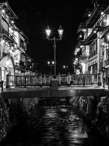 Preview wallpaper bridge, lights, buildings, black and white, night