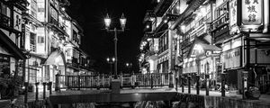 Preview wallpaper bridge, lights, buildings, black and white, night