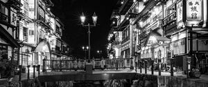 Preview wallpaper bridge, lights, buildings, black and white, night