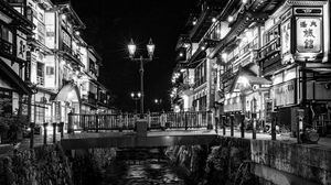 Preview wallpaper bridge, lights, buildings, black and white, night