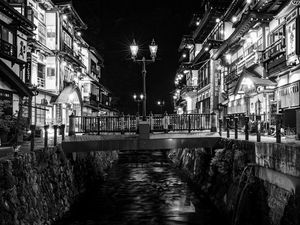 Preview wallpaper bridge, lights, buildings, black and white, night