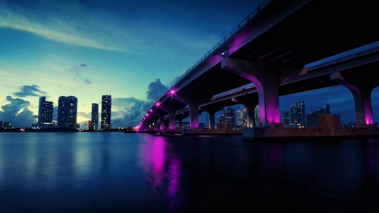 Wallpaper bridge, lights, evening, skyscrapers, river