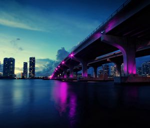 Preview wallpaper bridge, lights, evening, skyscrapers, river