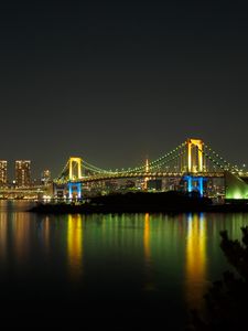 Preview wallpaper bridge, lights, glow, river, reflection, night