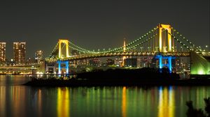 Preview wallpaper bridge, lights, glow, river, reflection, night