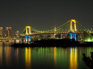 Preview wallpaper bridge, lights, glow, river, reflection, night