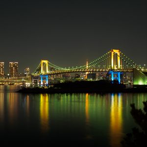 Preview wallpaper bridge, lights, glow, river, reflection, night