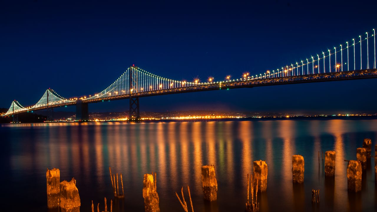 Wallpaper bridge, lights, lanterns, river, reflection, night