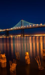 Preview wallpaper bridge, lights, lanterns, river, reflection, night