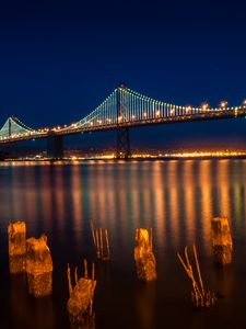 Preview wallpaper bridge, lights, lanterns, river, reflection, night