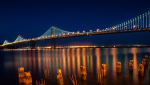 Preview wallpaper bridge, lights, lanterns, river, reflection, night