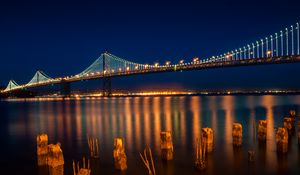 Preview wallpaper bridge, lights, lanterns, river, reflection, night