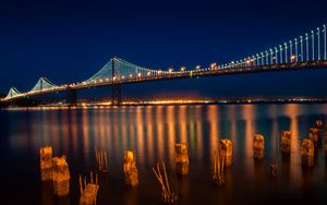 Preview wallpaper bridge, lights, lanterns, river, reflection, night