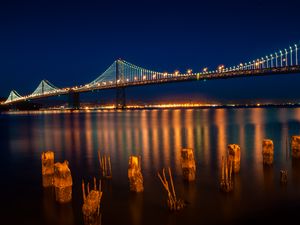 Preview wallpaper bridge, lights, lanterns, river, reflection, night