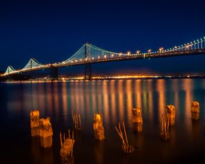 Preview wallpaper bridge, lights, lanterns, river, reflection, night