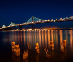 Preview wallpaper bridge, lights, lanterns, river, reflection, night