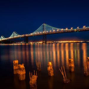 Preview wallpaper bridge, lights, lanterns, river, reflection, night