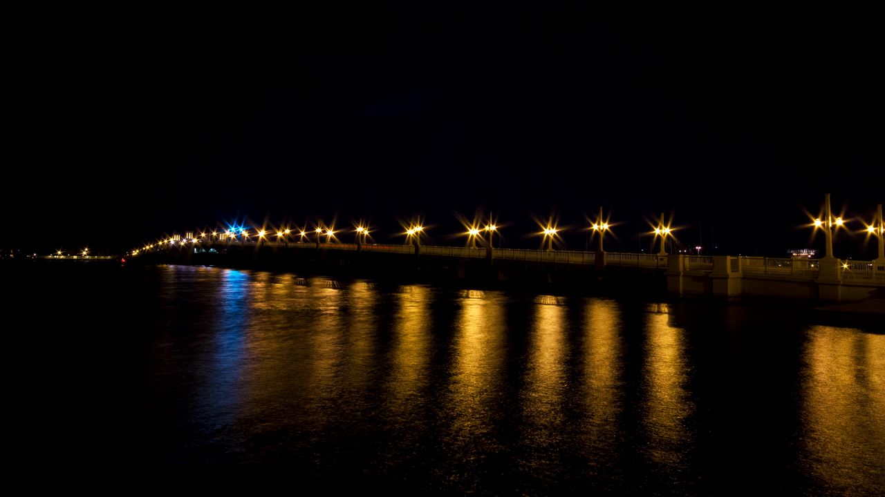 Wallpaper bridge, lights, night, reflection, dark