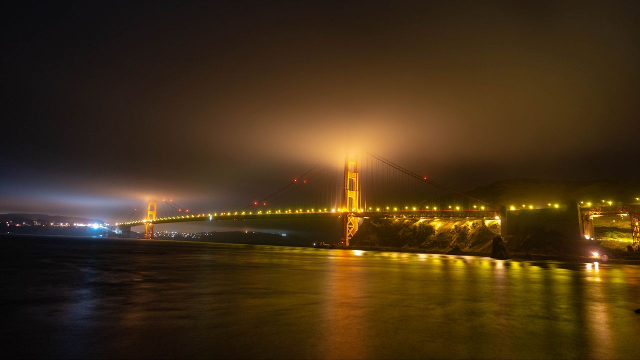 Wallpaper bridge, lights, night, fog