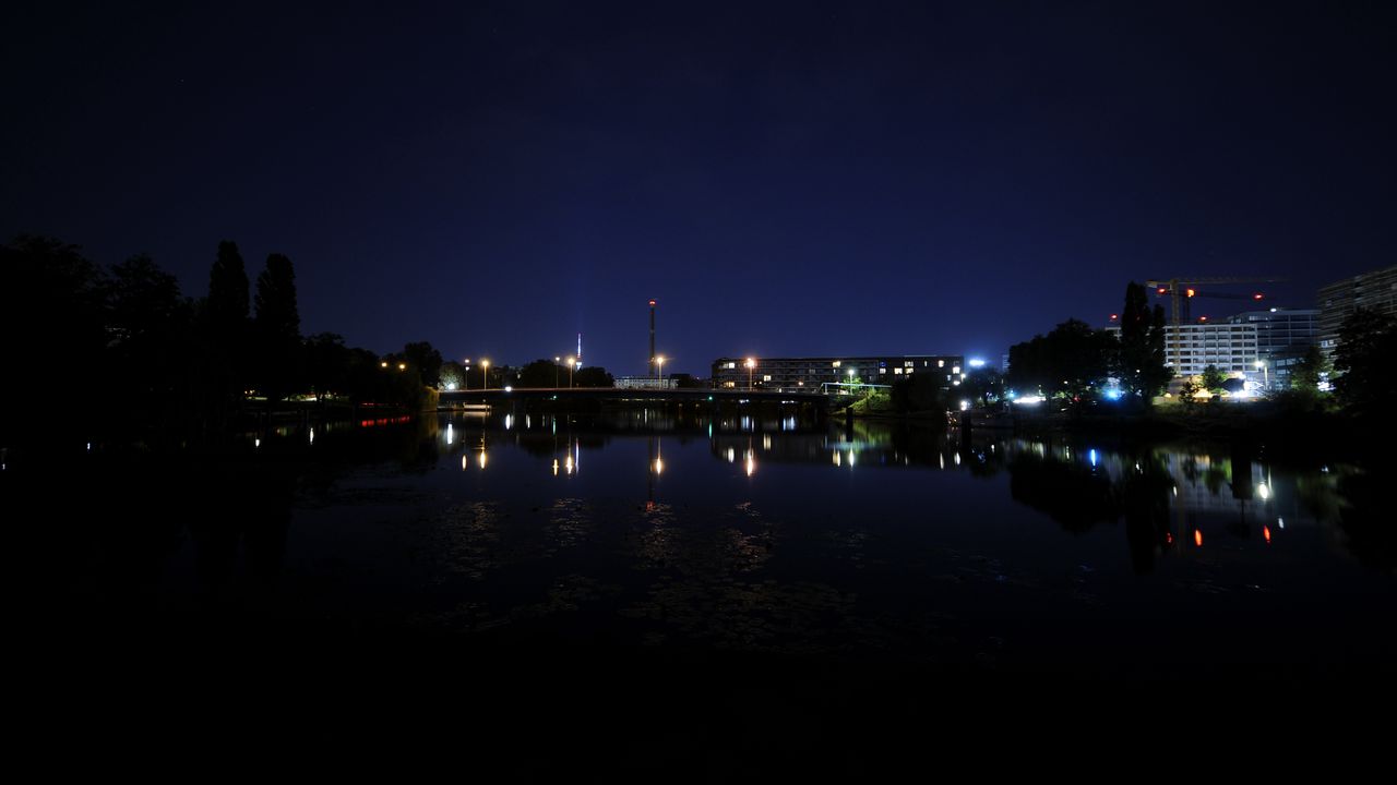 Wallpaper bridge, lights, night, river, reflection