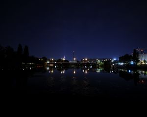 Preview wallpaper bridge, lights, night, river, reflection