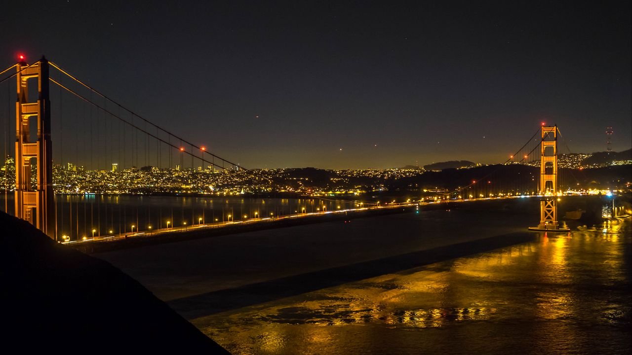 Wallpaper bridge, lights, night, river