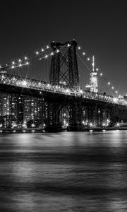 Preview wallpaper bridge, lights, river, night, black and white