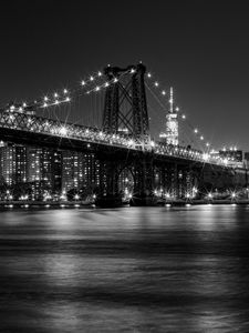 Preview wallpaper bridge, lights, river, night, black and white