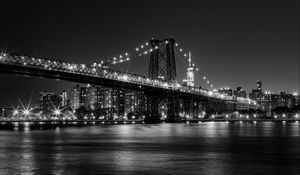 Preview wallpaper bridge, lights, river, night, black and white