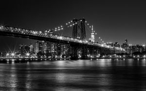 Preview wallpaper bridge, lights, river, night, black and white
